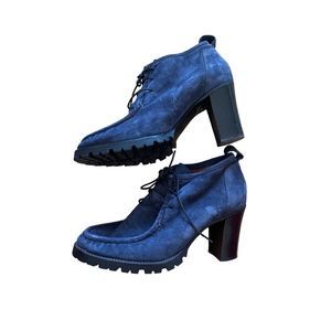 Bruglia Womens Blue Suede Lace Up Block High Heels Ankle Boots Size 39